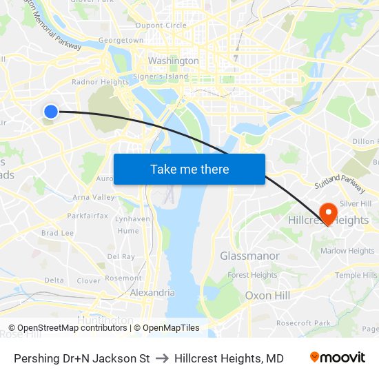 Pershing Dr+N Jackson St to Hillcrest Heights, MD map