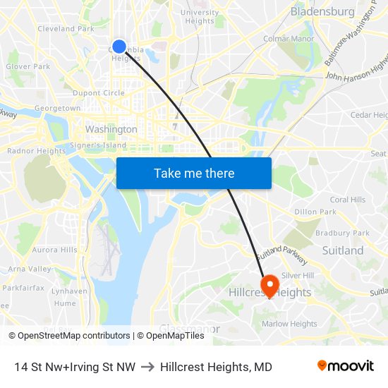 14 St Nw+Irving St NW to Hillcrest Heights, MD map