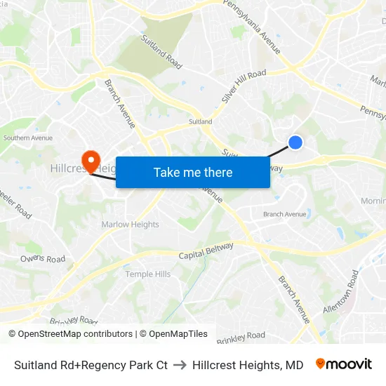 Suitland Rd+Regency Park Ct to Hillcrest Heights, MD map