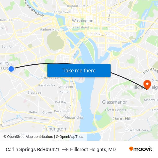 Carlin Springs Rd+#3421 to Hillcrest Heights, MD map