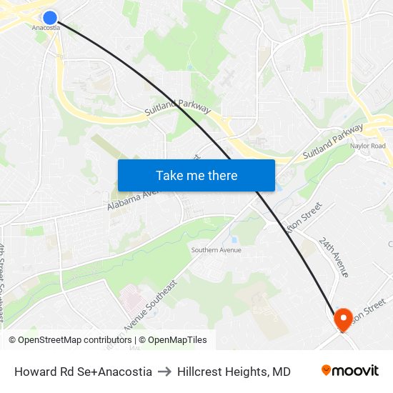 Howard Rd Se+Anacostia to Hillcrest Heights, MD map