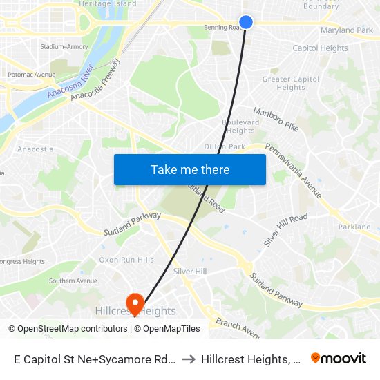 E Capitol St Ne+Sycamore Rd NE to Hillcrest Heights, MD map