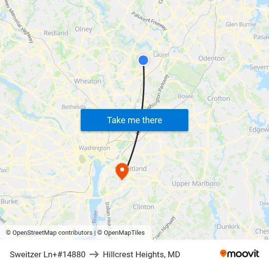 Sweitzer Ln+#14880 to Hillcrest Heights, MD map