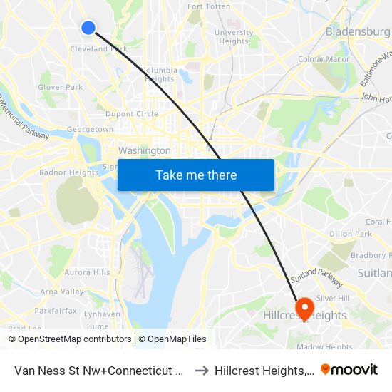 Van Ness St Nw+Connecticut Av NW to Hillcrest Heights, MD map