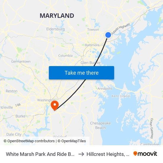 White Marsh Park And Ride Bay 1 to Hillcrest Heights, MD map