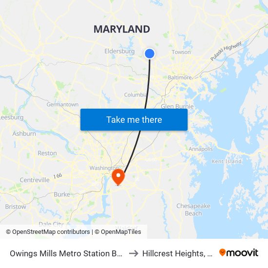 Owings Mills Metro Station Bay 2 to Hillcrest Heights, MD map