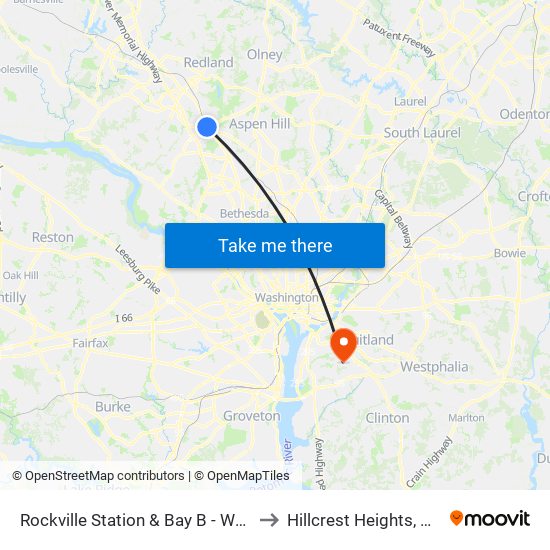 Rockville Station & Bay B - West to Hillcrest Heights, MD map