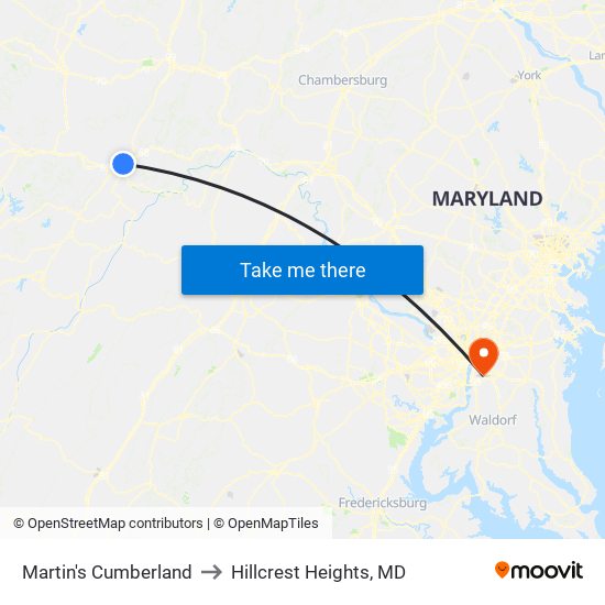 Martin's Cumberland to Hillcrest Heights, MD map