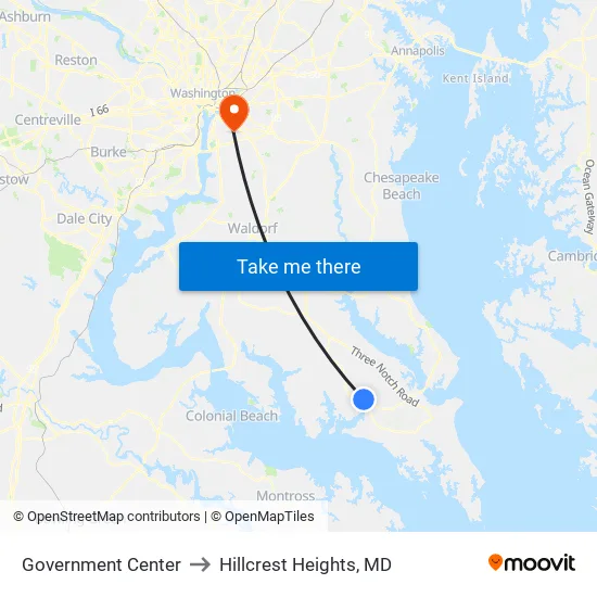 Government Center to Hillcrest Heights, MD map
