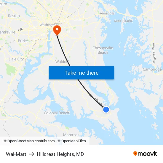 Wal-Mart to Hillcrest Heights, MD map