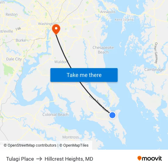 Tulagi Place to Hillcrest Heights, MD map