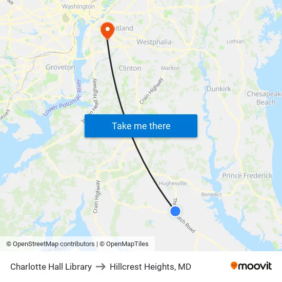 Charlotte Hall Library to Hillcrest Heights, MD map