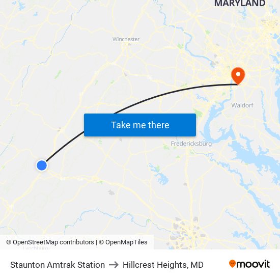 Staunton Amtrak Station to Hillcrest Heights, MD map