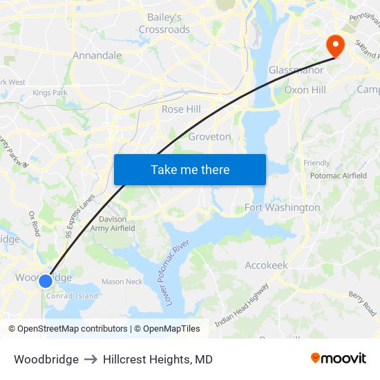 Woodbridge to Hillcrest Heights, MD map