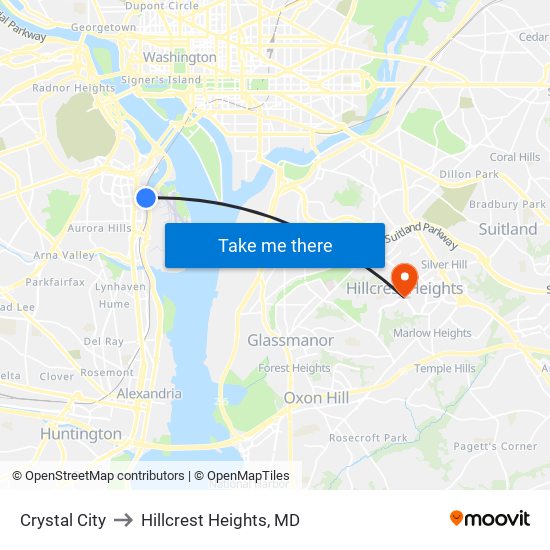 Crystal City to Hillcrest Heights, MD map
