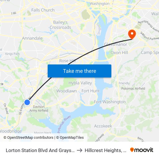 Lorton Station Blvd And Graysons to Hillcrest Heights, MD map