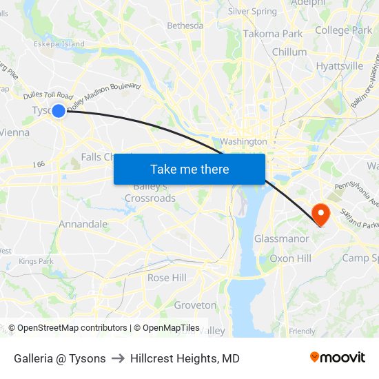Galleria And Tysons to Hillcrest Heights, MD map
