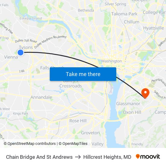 Chain Bridge And St Andrews to Hillcrest Heights, MD map