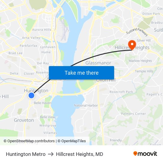 Huntington Metro to Hillcrest Heights, MD map