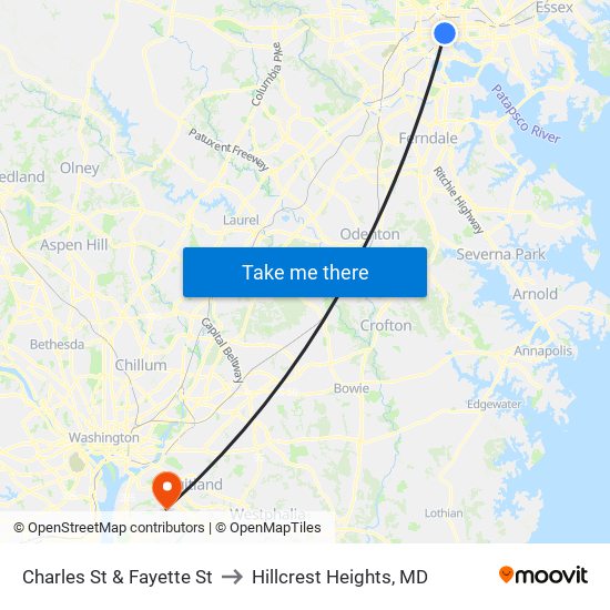 Charles St & Fayette St to Hillcrest Heights, MD map