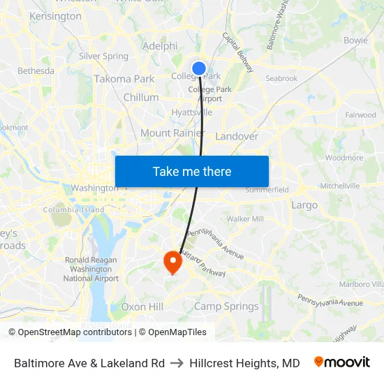 Baltimore Ave & Lakeland Rd to Hillcrest Heights, MD map