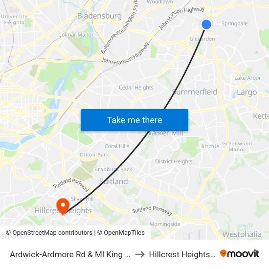 Ardwick-Ardmore Rd & Ml King Jr Hwy to Hillcrest Heights, MD map