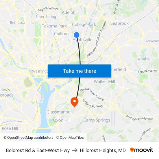 Belcrest Rd & East-West Hwy to Hillcrest Heights, MD map