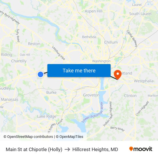 Main St at Chipotle (Holly) to Hillcrest Heights, MD map