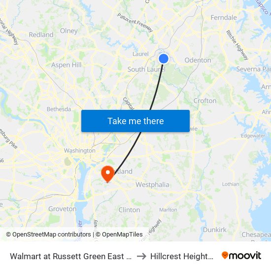Walmart at Russett Green East - Laurel to Hillcrest Heights, MD map