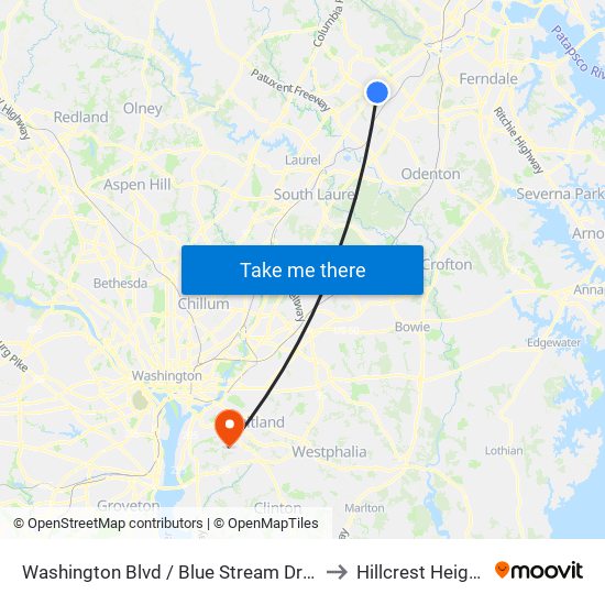 Washington Blvd / Blue Stream Dr (Southbound) to Hillcrest Heights, MD map