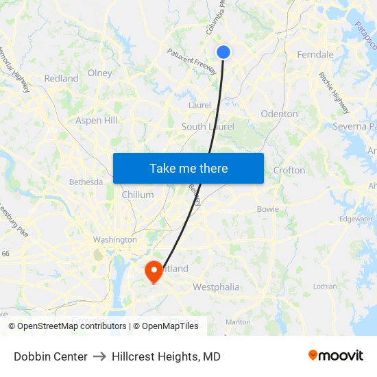 Dobbin Center to Hillcrest Heights, MD map