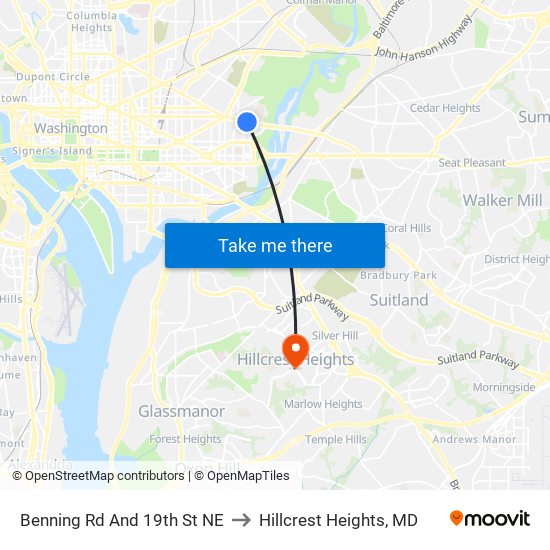 Benning Rd And 19th St NE to Hillcrest Heights, MD map