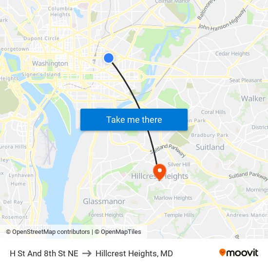 H St And 8th St NE to Hillcrest Heights, MD map