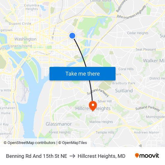 Benning Rd And 15th St NE to Hillcrest Heights, MD map