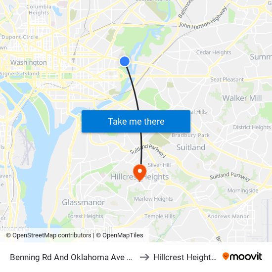 Benning Rd And Oklahoma Ave NE (Tk 2) to Hillcrest Heights, MD map