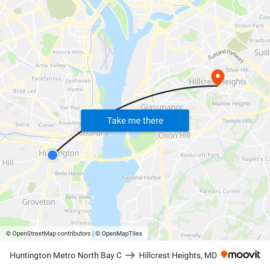 Huntington Metro North Bay C to Hillcrest Heights, MD map