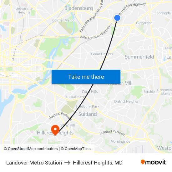 Landover Metro Station to Hillcrest Heights, MD map