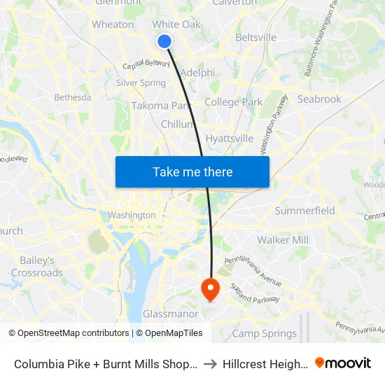 Columbia Pike + Burnt Mills Shopping Center to Hillcrest Heights, MD map