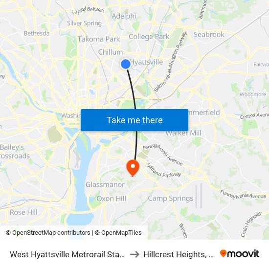 West Hyattsville Metrorail Station to Hillcrest Heights, MD map