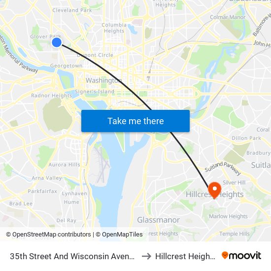 35th Street And Wisconsin Avenue NW (Sb) to Hillcrest Heights, MD map