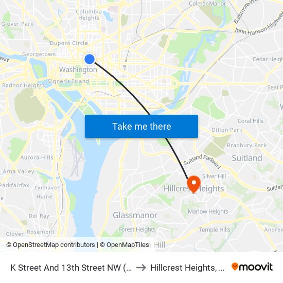 K Street And 13th Street NW (Eb) to Hillcrest Heights, MD map