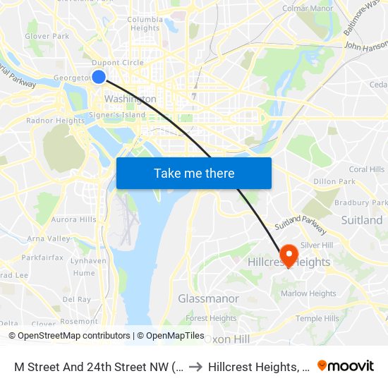 M Street And 24th Street NW (Wb) to Hillcrest Heights, MD map