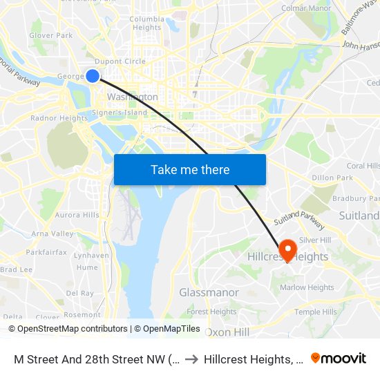 M Street And 28th Street NW (Wb) to Hillcrest Heights, MD map