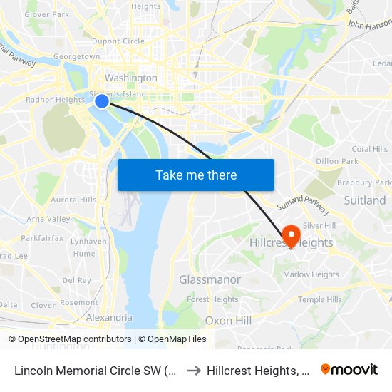 Lincoln Memorial Circle SW (Wb) to Hillcrest Heights, MD map