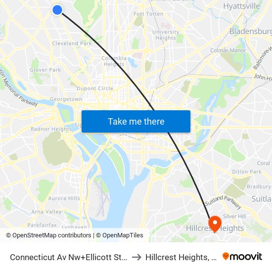 Connecticut Av Nw+Ellicott St NW to Hillcrest Heights, MD map