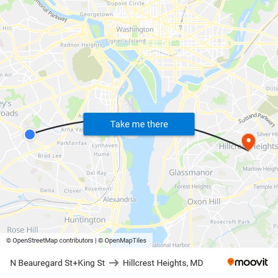 N Beauregard St+King St to Hillcrest Heights, MD map