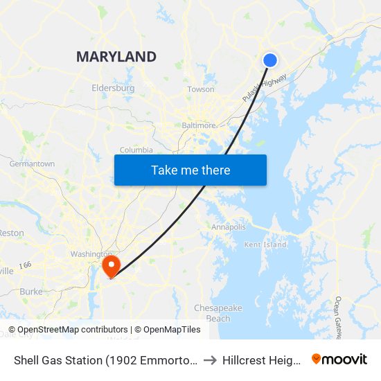 Shell Gas Station (1902 Emmorton Rd/Rt 924) to Hillcrest Heights, MD map