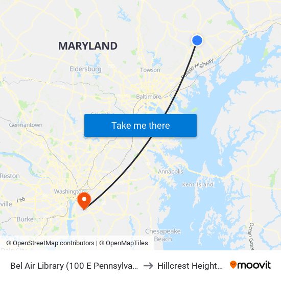 Bel Air Library (100 E Pennsylvania Ave) to Hillcrest Heights, MD map