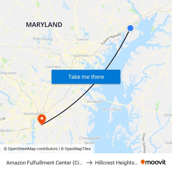 Amazon Fulfuillment Center (Cirelli Ct) to Hillcrest Heights, MD map