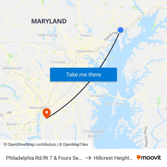 Philadelphia Rd/Rt 7 & Fours Seasons Dr to Hillcrest Heights, MD map